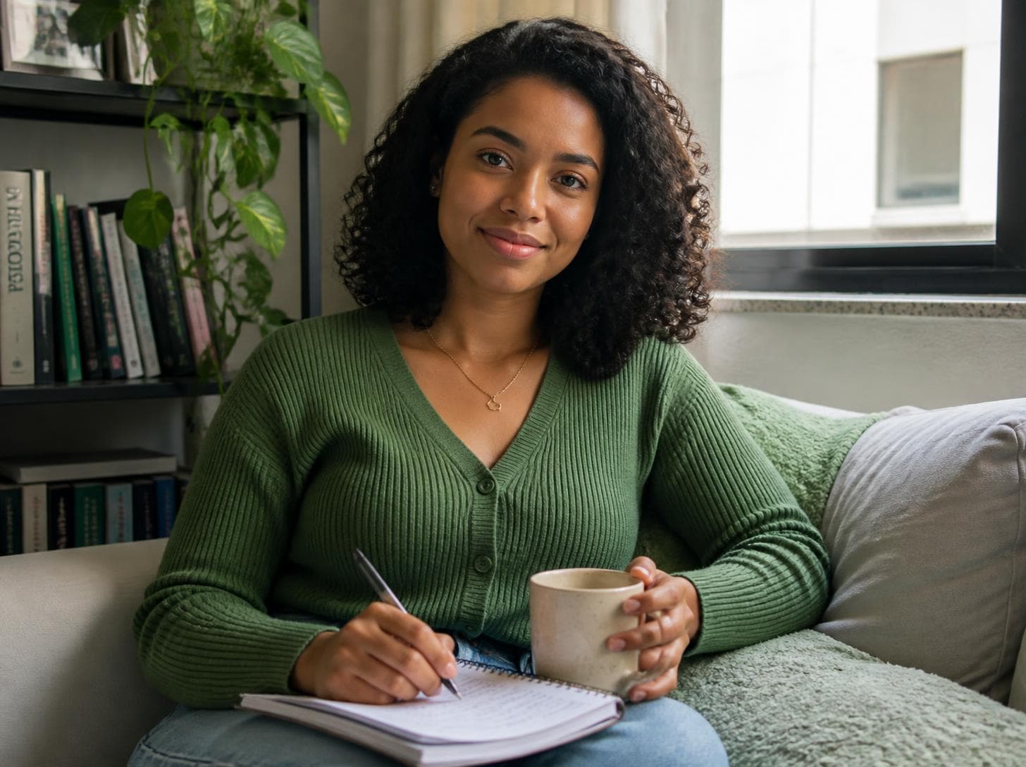Jovem de cabelo cacheado e cardigã verde, sentada no sofá com um caderno e uma caneca.